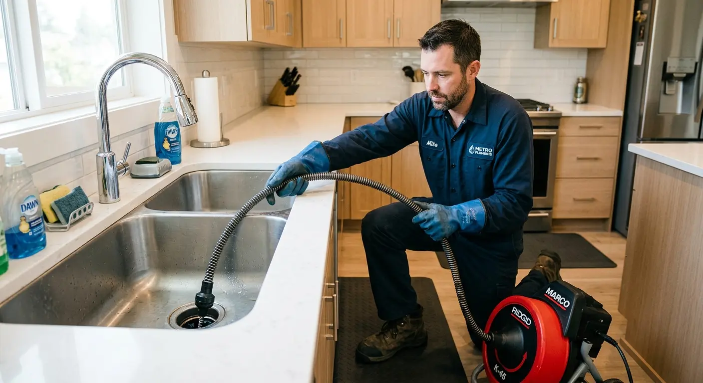 Drain cleaning technician using a motorized snake on a kitchen sink in Acton