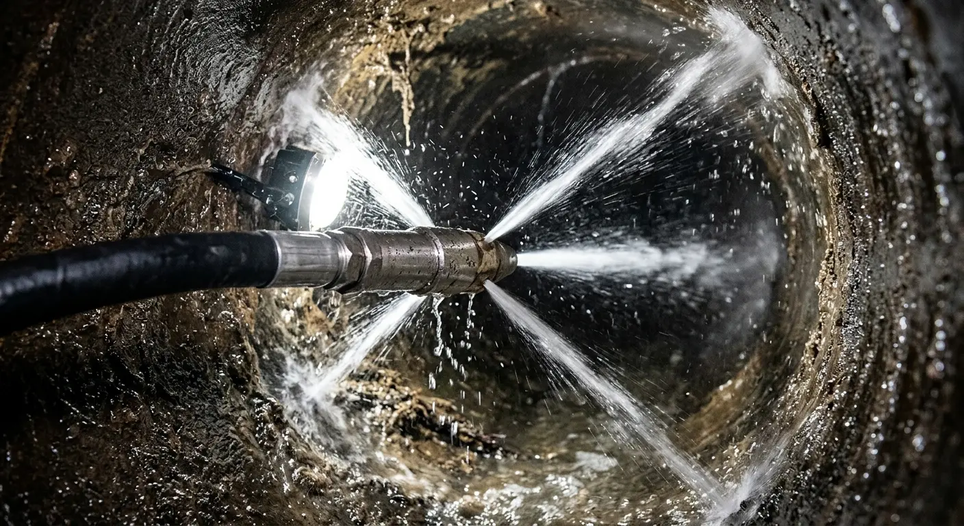 High-pressure hydro jetting nozzle cleaning sewer pipe for Sewer Cleanout in Acton