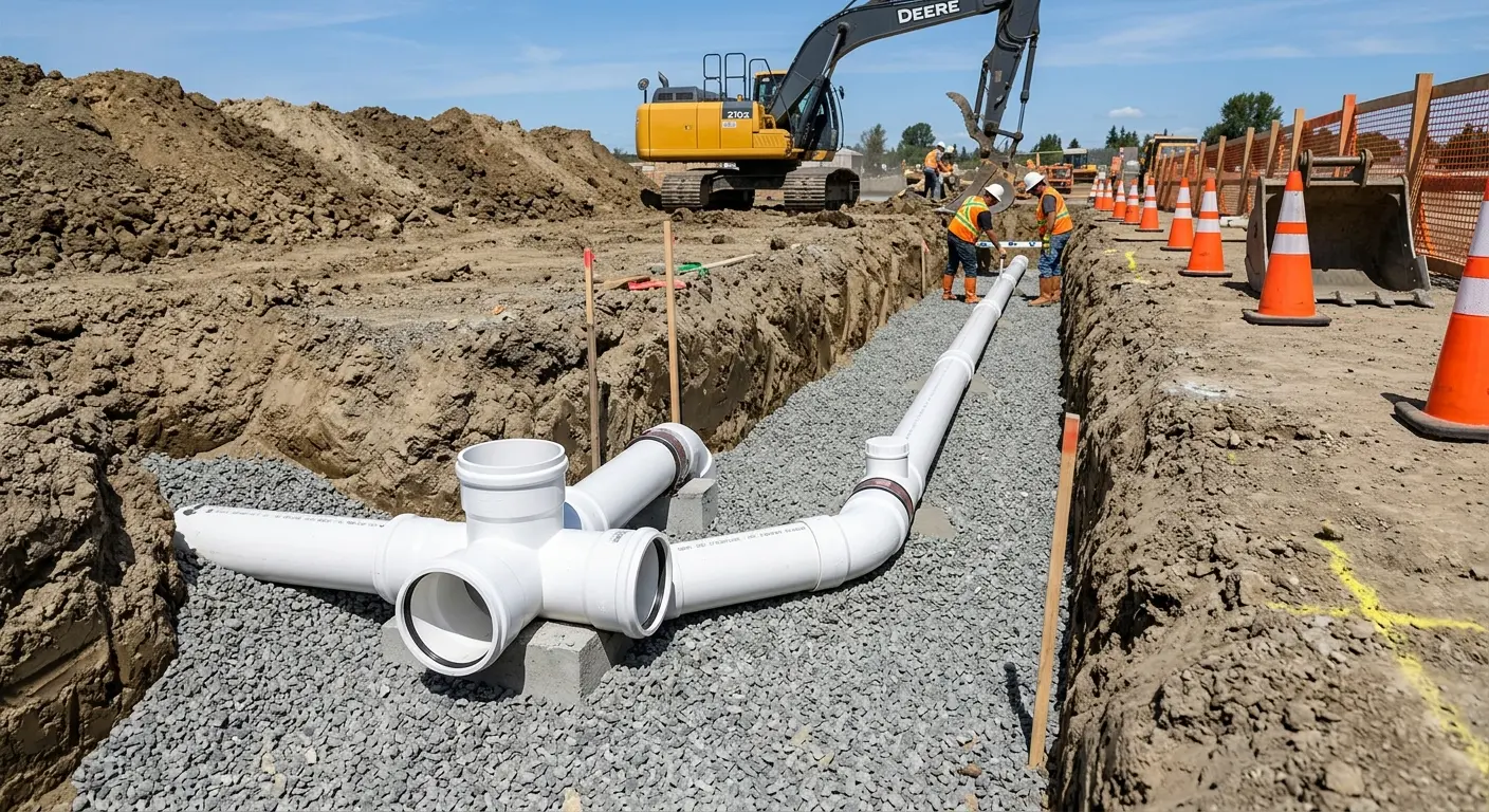 New PVC sewer pipe installation in open trench for Sewer Backup in Acton
