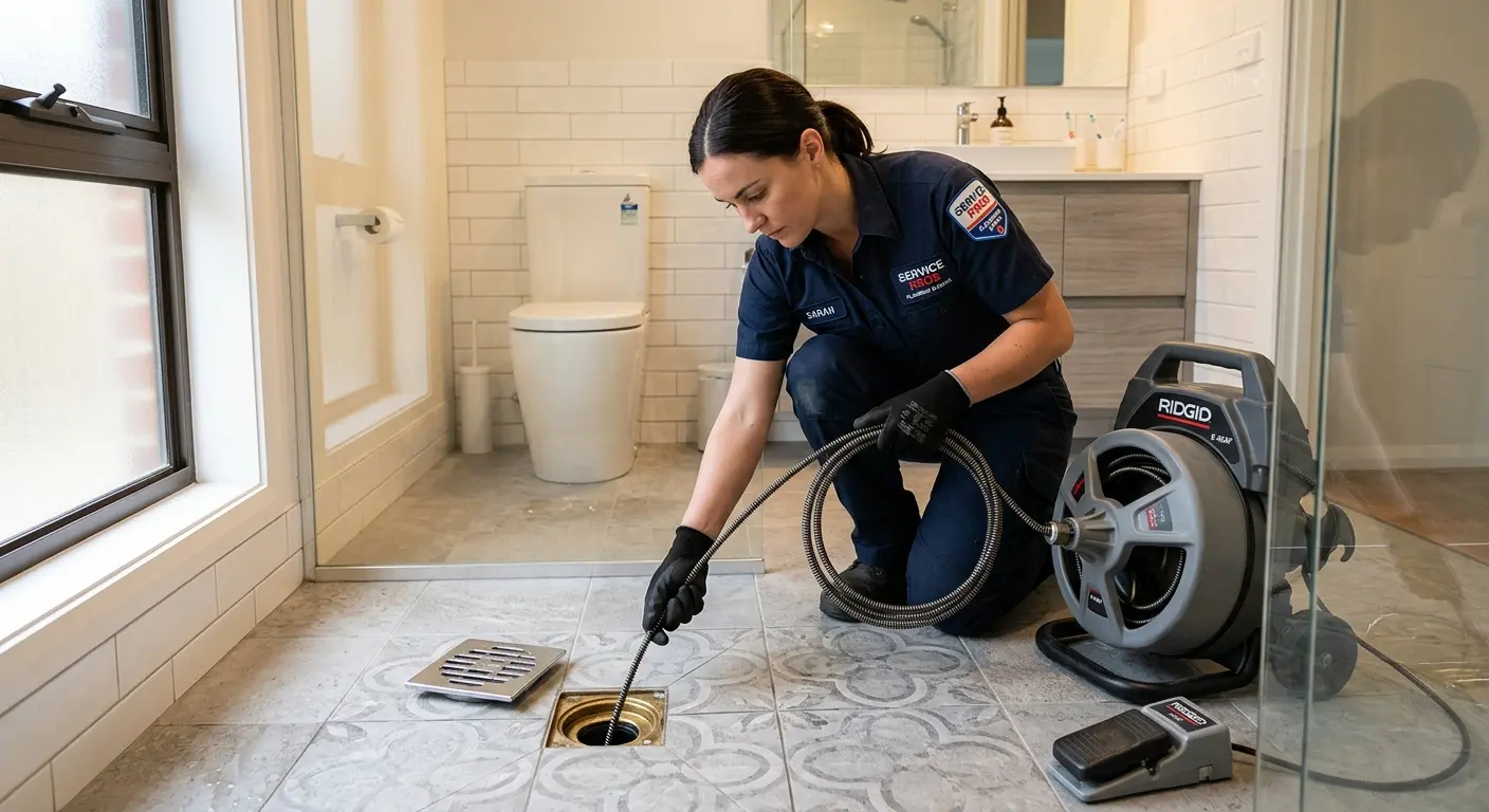 Technician clearing a bathroom floor drain for Sewer Line Replacement in Acton